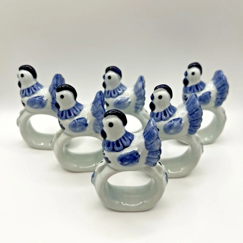 Hen Blue Ceramic Napkin Rings Farmhouse Cottagecore Chicken Vintage Set of 6